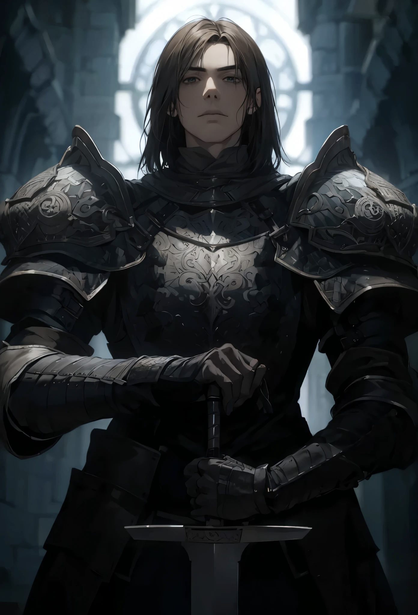 Portrait of Darius in dark armor with sword in hand.