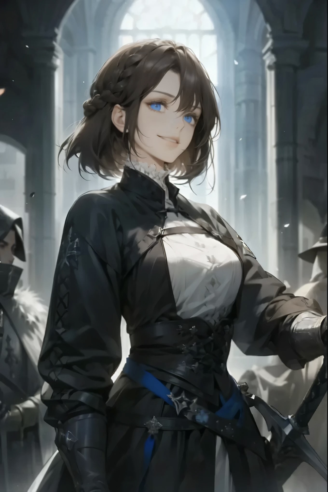 Portrait of Darlene in dark clothing within a stone hall.