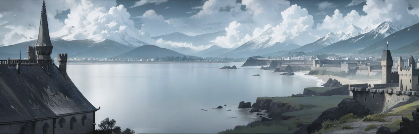 Wide view across the bay toward walls, towers, and distant mountains.