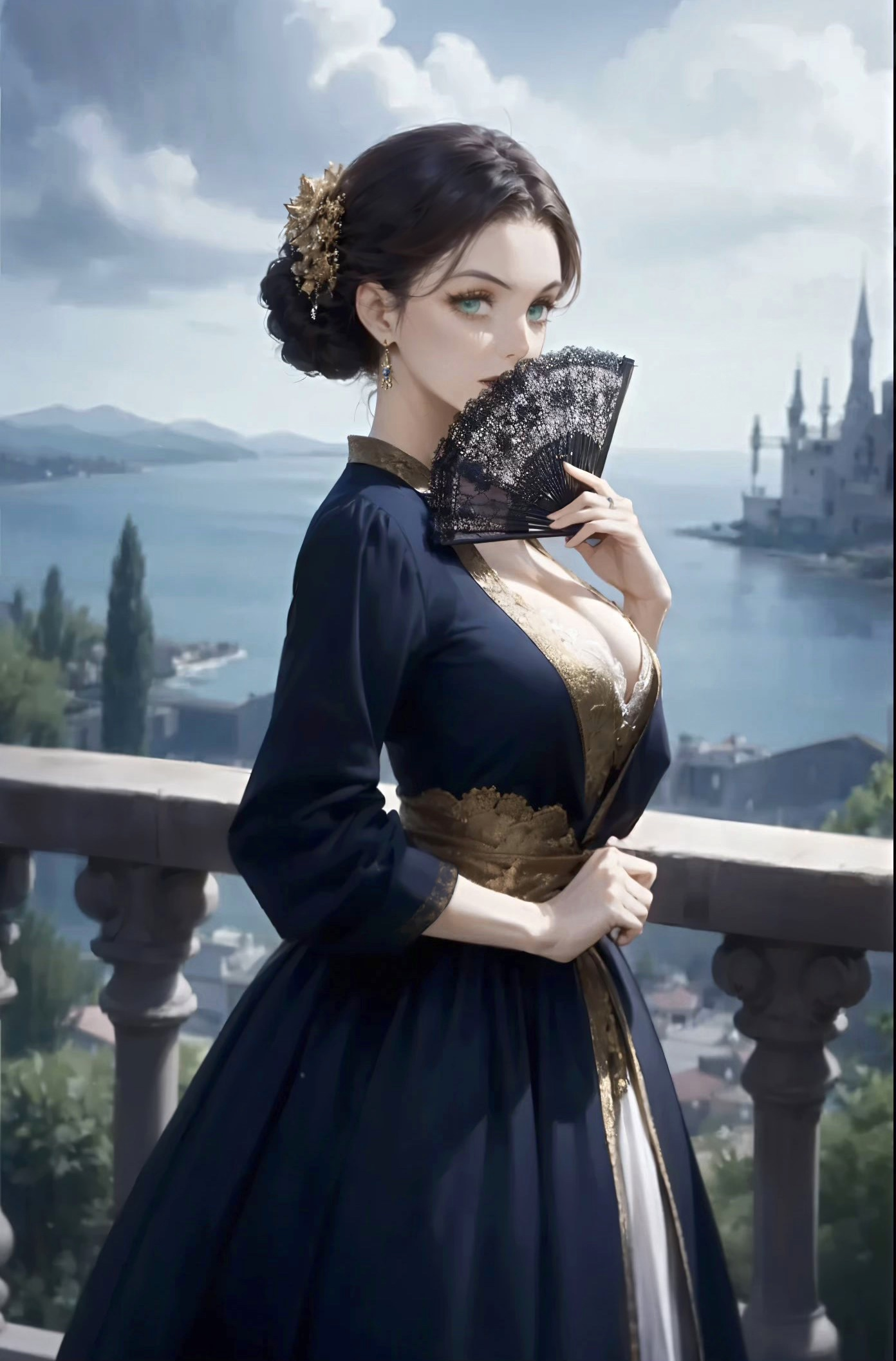Portrait of Queen Veronica holding a fan on a balcony.