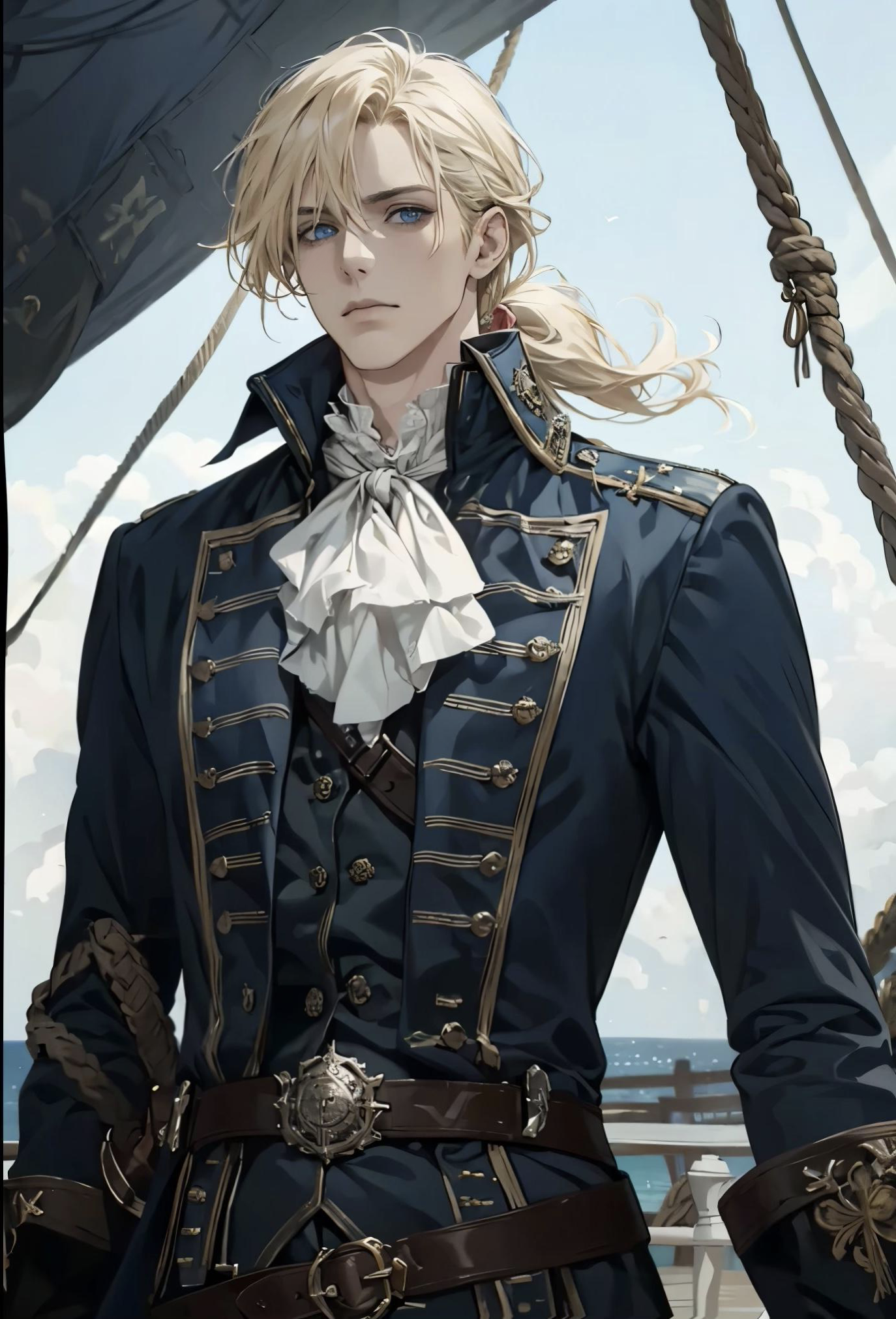 Portrait of Rafal in naval attire aboard a ship.